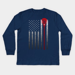 Vintage Lacrosse Stick American Flag Faded Distressed Kids Long Sleeve T-Shirt